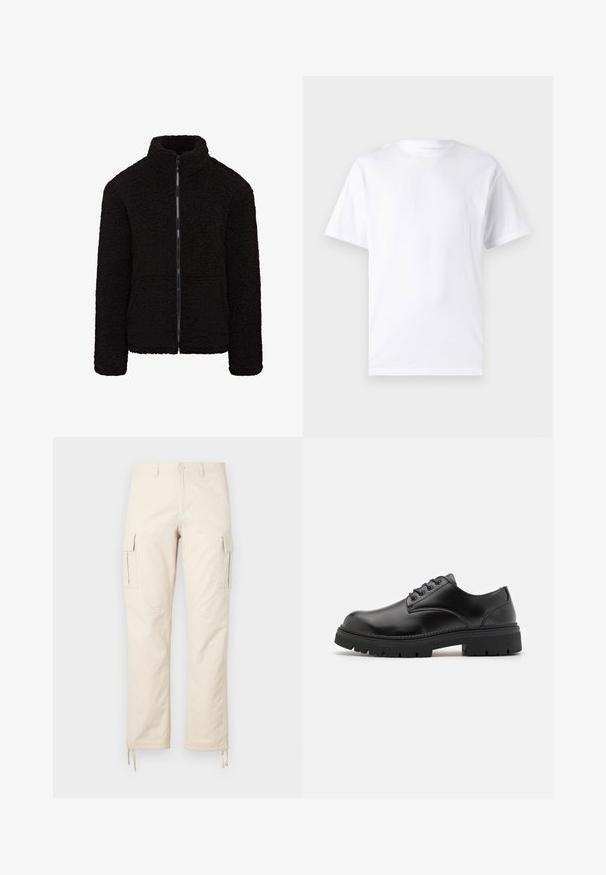 Schwarze Fleecejacke mit hohem Kragen, durchgehendem Reißverschluss und strukturiertem Stoff. Hat lange Ärmel und eine lockere Passform. Keine sichtbaren Taschen.; Weißes kurzärmeliges T-Shirt aus Baumwolle mit Rundhalsausschnitt, das eine glatte Textur und ein einfaches Design ohne Muster oder Akzente aufweist.; Beige Cargo-Hosen aus Baumwollmischgewebe. Zu den Merkmalen gehören zwei Seitentaschen, ein gerades Bein Design und verstellbare Kordeln an den Säumen.; Schwarze Lederschuhe mit runder Zehenform, Schnürdesign und einer dicken, strukturierten Gummisohle. Sie verfügen über eine Naht entlang des Randes und haben eine glatte Oberfläche.