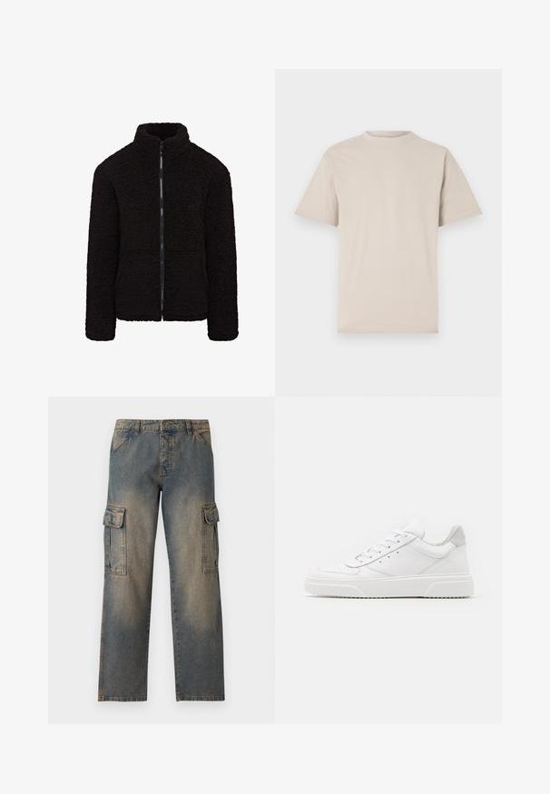Chaqueta de forro polar negra con un alto cuello, cremallera frontal completa y tejido texturizado. Cuenta con mangas largas y un ajuste relajado. No tiene bolsillos visibles.; Camiseta de manga corta beige, con cuello redondo, hecha de una suave tela de algodón, que presenta un corte relajado y sin patrones o adornos visibles.; Pantalones cargo de mezclilla en un color azul desgastado, de corte holgado, con dos grandes bolsillos laterales, costuras rematadas y un diseño clásico de cinturilla.; Zapatillas de cuero blanca con un acabado suave, punta redondeada, cordones planos y una suela texturada. Acento de ante gris en el talón.