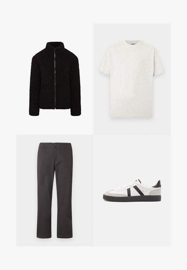 Schwarze Fleecejacke mit hohem Kragen, durchgehendem Reißverschluss und strukturiertem Stoff. Hat lange Ärmel und eine lockere Passform. Keine sichtbaren Taschen.; Hellgraues Baumwoll-T-Shirt mit Rundhalsausschnitt, kurzen Ärmeln und glatter Textur. Einfaches Design ohne sichtbare Muster oder Akzente.; Dunkelgraue, gerade geschnittene Hose mit Knopfverschluss, Gürtelschlaufen und dezenten vorderen Nähten auf weißem Hintergrund.; Weiße Sneaker mit schwarz- und grau-aczenten, ausgestattet mit einer strukturierten grauen Zehenkappe, schwarzer Gummi-Sohle und flachen weißen Schnürsenkeln. Sauberes Design, minimalistische Stil.
