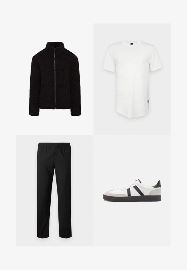Chaqueta de forro polar negra con un alto cuello, cremallera frontal completa y tejido texturizado. Cuenta con mangas largas y un ajuste relajado. No tiene bolsillos visibles.; Camiseta blanca de manga corta hecha de algodón, con un escote redondo y una parte trasera ligeramente alargada, con un pequeño logotipo en el lateral.; Pantalones negros de pierna recta con cintura elástica, sin bolsillos visibles ni adornos.; Zapatilla blanca con acentos en negro y gris, que presenta una puntera texturizada en gris, suela de goma negra y cordones planos blancos. Diseño limpio, estilo minimalista.