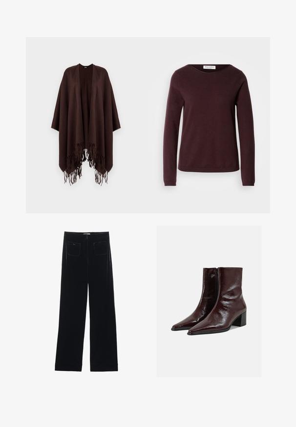 Bruine poncho met franjes, gemaakt van zachte stof, met een gedrapeerd ontwerp, open zijkanten en een ronde hals.; Bordeaux lange mouwen trui met een ronde halslijn, zachte textuur en een minimalistisch ontwerp. Heeft ribbelmanchetten en een rechte zoom.; Zwarte fluwelen wijde broek met twee achterzakken en een gladde textuur, met een rechte snit en afgewerkte zoom bij de enkels.; Glinsterende donkerbruine leren enkellaarzen met puntige neuzen, een zijrits en blokhakken op een effen lichtgrijze achtergrond.
