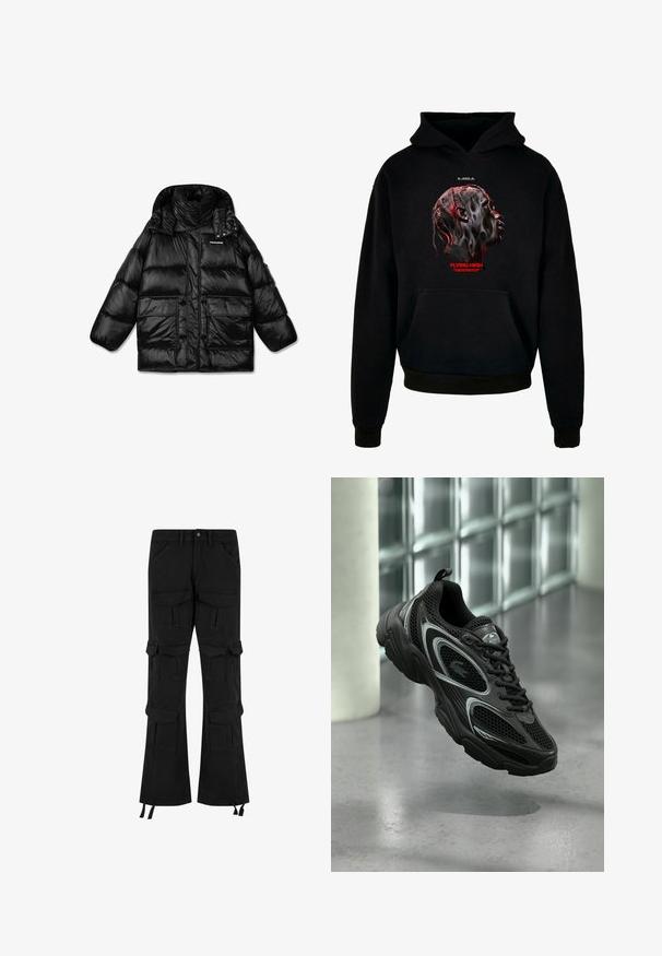 Must must vest, mille kõrge krae, lukuga ja kahe suure esipocketiga. Läikiv, tikitud materjal, mis on sileda tekstuuriga.; Mustameelse kapuutsiga, millel on esikott ja millel on graafika profiilist, millel on detailne punutis ja keerlevad mustrid punases ja hallis, tekst all.; Mustad teksapüksid, millel on mitmed taskud, lai sääre disain ja reguleeritavad nööbid allääres.; Mustad sportkinga, mis on valmistatud võrgust ja sünteetilisest materjalist, omades tekstureeritud tallaga, sujuva disaini, hõbedaseid aktsente ja ees paeltega kinnitust.