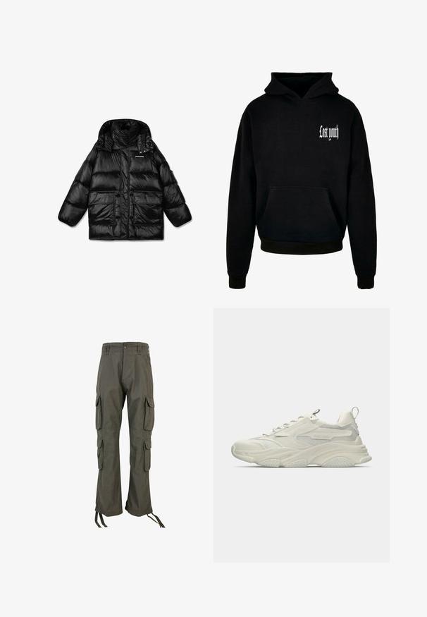 Must must vest, mille kõrge krae, lukuga ja kahe suure esipocketiga. Läikiv, tikitud materjal, mis on sileda tekstuuriga.; Must musta, millel on ees tasku, kus on valge tekst "Kadunud noorus" ülemises vasakus nurgas. Puuvilla segu materjal.; Roheline puuvillasegusegusest kangast cargo-püksid, millel on mitu külgetaskut, lõdva lõikega ja sääremäärangud, mida on võimalik reguleerida.; Turskevalge massiivse tossu võrgust detailidega, tekstuurse kummist tallaga ja ümarate vormidega. Omab minimaalset brändimist ja kannal asuvat tõmbenööriga silmust.