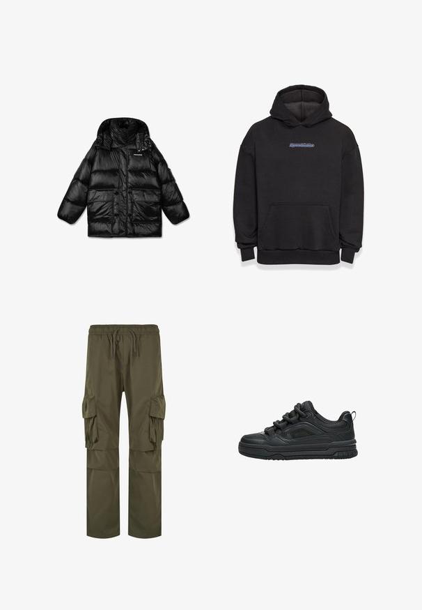 Sort pufferjakke med høj krave, lynlås og to store forlommer. Skinnende, quiltet stof med en glat tekstur.; Sort hætte sweatshirt lavet af en blanding af bomuldsstof. Har en frontlomme og et logo i blå og rød. Ribbekanter ved håndleddene og kanten.; Cargo bukser i olivengrøn med elastisk talje og snørelukning, flere sidelommer og en løs pasform med plisserede detaljer.; Sort lavtop sneaker med tyk sål, polstret krave, mesh paneler og chunky snørebånd vist mod en hvid baggrund.