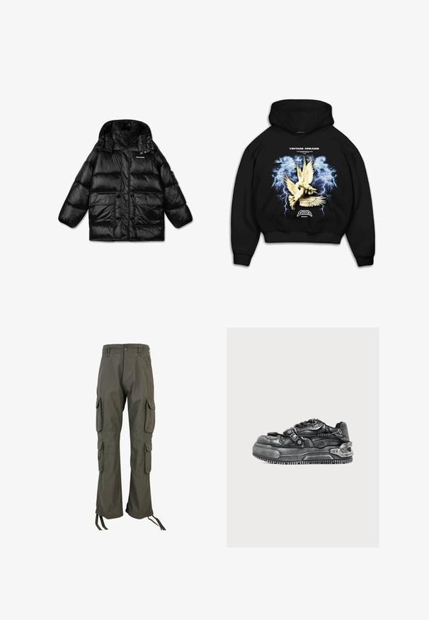 Must must vest, mille kõrge krae, lukuga ja kahe suure esipocketiga. Läikiv, tikitud materjal, mis on sileda tekstuuriga.; Mustmust top, mille musta kapuutsiga, millel on graafiline trükk tuvidega tormise sinise tausta ja välguga. Tekst kõlab "VINTAGE DREAMS."; Roheline puuvillasegusegusest kangast cargo-püksid, millel on mitu külgetaskut, lõdva lõikega ja sääremäärangud, mida on võimalik reguleerida.; Must futuristlik toss paksu tallaga, metallist pannal ja tekstuurse nahkdetailiga lihtsal heledal taustal.