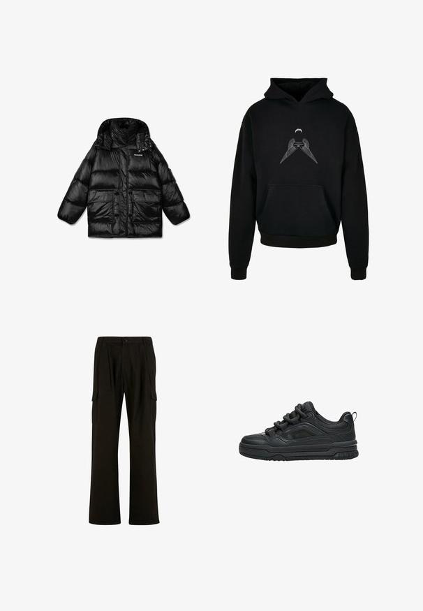 Sort pufferjakke med høj krave, lynlås og to store forlommer. Skinnende, quiltet stof med en glat tekstur.; Sort hætte sweatshirt med en frontlomme i kangaroo stil og et grafisk design af stiliserede vinger trykt i hvid på brystet.; Urban Classics WIDE - Cargobukser - black; Sort lavtop sneaker med tyk sål, polstret krave, mesh paneler og chunky snørebånd vist mod en hvid baggrund.