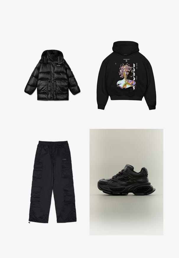Schwarze Pufferjacke mit hochschließendem Kragen, Reißverschluss und zwei großen Fronttaschen. Glänzender, gestepptes Material mit glatter Textur.; Schwarz mit Kapuze Sweatshirt featuring ein mehrfarbiges Grafik eines Medusa-ähnlichen Figur, mit hervorgehobenem Text und einer vorderen Kängurutasche.; Schwarze Cargo-Hosen mit einem elastischen Bund, mehreren Seitentaschen und Reißverschlussabschlüssen. Aus glattem, leichtem Material gefertigt.; Schwarzer klobiger Sneaker mit strukturiertem Design, dicker Sohle und Schnürverschluss vor schlichtem neutralem Hintergrund.