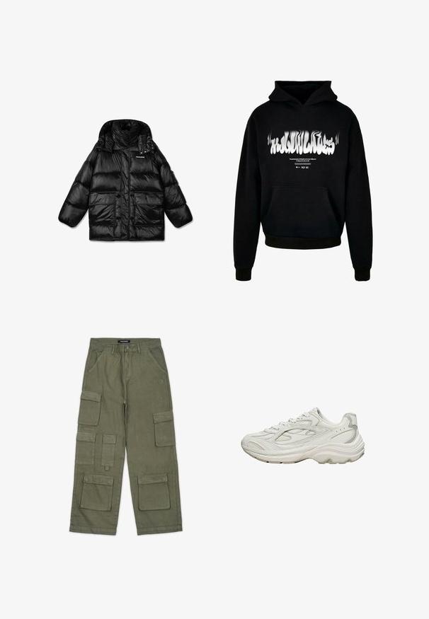 Schwarze Pufferjacke mit hochschließendem Kragen, Reißverschluss und zwei großen Fronttaschen. Glänzender, gestepptes Material mit glatter Textur.; Schwarzer Hoodie aus Baumwolle, mit einer Vordertasche, gerippten Bündchen und Saum, sowie einem weißen verzerrten Text-Graphic auf der Brust.; Olivgrüne Cargo-Hosen aus weichem Stoff mit mehreren Taschen, geradem Schnitt und gesteppten Details. Markenlogo am Bund.; Weißer Sneaker mit strukturiertem Obermaterial und klobiger Sohle. Merkmale sind geschwungene Linien, dezente graue Akzente und ein Schnürdesign.