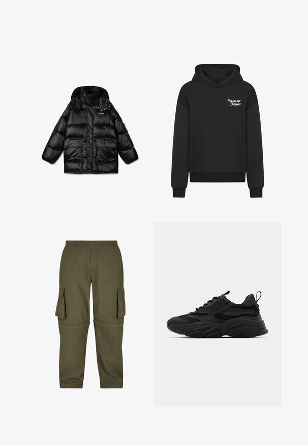 Schwarze Pufferjacke mit hochschließendem Kragen, Reißverschluss und zwei großen Fronttaschen. Glänzender, gestepptes Material mit glatter Textur.; Schwarzer Kapuzenpulli mit einer Fronttasche, auf der Brust mit einem weißen "Forever Classic" Logo versehen. Hergestellt aus weichem, strukturiertem Stoff.; Olivgrüne Cargo-Hosen aus leichtem Material, mit mehreren Seitentaschen, einem elastischen Bund und einem geraden Schnitt.; Schwarze Sportschuhe mit einer dicken Sohle, Mesh-Einsätzen und Gummidetails. Verfügen über eine Zuglasche an der Ferse und strukturierte Muster.