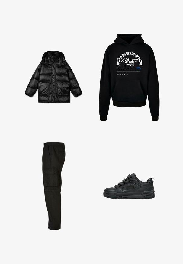 Zwarte pufferjack met een hoge kraag, ritssluiting en twee grote zijzakken. Glanzende, gestikte stof met een gladde textuur.; Zwarte hoodie met voorzak. Bevat opvallende witte tekst en grafisch ontwerp. Gemaakt van zacht materiaal, met ribgebreide manchetten en afwerking van de zoom.; Zwarte cargobroek met een relaxte pasvorm, elastische tailleband, zijzakken en een grote cargozak op de dij. Zacht, lichtgewicht stof.; Zwarte lage sneaker met dikke zool, gevoerde kraag, meshpanelen en dikke veters, afgebeeld tegen een witte achtergrond.