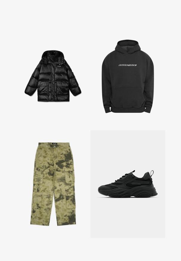 Musta puhvijakku, jossa on korkea kaulus, vetoketjukiinnitys ja kaksi suurta etutaskua. Kiiltävä, tikattu kangas, jossa on sileä rakenne.; Dropsize MOBILE PHONE DESIGN - Huppari - washedblack; Cargo-housut, joissa on maastokuvio, useita sivutaskuja, kestävästä kankaasta valmistettu, vihreän ja ruskean sävyissä.; Mustat urheilukengät, joissa on paksu pohja, verkkopaneelit ja kumiset yksityiskohdat. Varren takana on vetohihna ja kankaat ovat kuvioituja.
