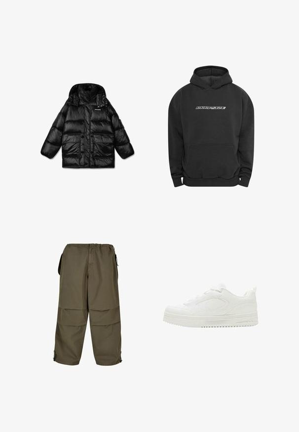 Schwarze Pufferjacke mit hochschließendem Kragen, Reißverschluss und zwei großen Fronttaschen. Glänzender, gestepptes Material mit glatter Textur.; Dropsize MOBILE PHONE DESIGN - Kapuzenpullover - washedblack; Khakifarbene Cargo-Hose mit einem elastischen Bund, seitlichen Taschen und Druckknopf-Details. Der Stoff hat eine glatte, leichte Textur.; Weißer Sneaker mit tief geschnittenem Schaft, dicker Sohle, Schnürung vorne und dezenten, aufgenähten Designdetails auf der glatten Oberseite.
