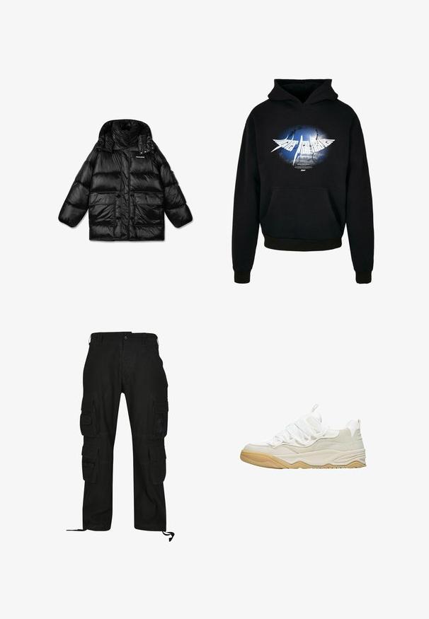 Zwarte pufferjack met een hoge kraag, ritssluiting en twee grote zijzakken. Glanzende, gestikte stof met een gladde textuur.; Zwarte hoodie met een centraal wit grafisch ontwerp met een blauw en grijs burst-ontwerp en de tekst "Higher than Heaven" in gestileerde lettertype. Voorzak.; Zwarte cargobroek van duurzaam materiaal, met meerdere zijzakken, een relaxed fit en verstelbare enkelbanden.; Witte sneakers met een bovenwerk van gemengde materialen met mesh- en suède texturen, een rubberen zool en elastische veters voor een veilige pasvorm.