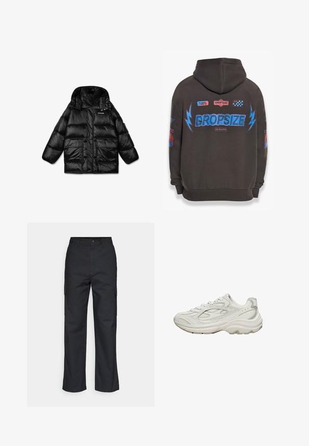 Zwarte pufferjack met een hoge kraag, ritssluiting en twee grote zijzakken. Glanzende, gestikte stof met een gladde textuur.; Donkergrijze hoodie met grote blauwe "DROPSIZE" tekst en kleurrijke graphics. Voorzien van een capuchon, geribbelde mouwen en verschillende geprinte patches.; Zwarte cargobroek met een rechte pijpdesign, voorzien van zijzakken en een geweven stof. Knopsluiting in de taille voor een veilige pasvorm.; Witte sneaker met een gestructureerd bovenwerk en een dikke zool. Kenmerken zijn onder andere gebogen lijnen, subtiele grijze accenten en een veterontwerp.