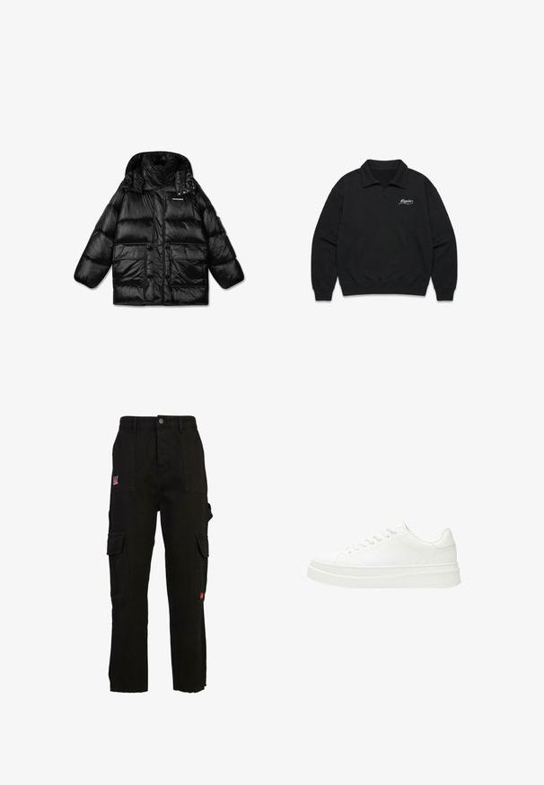 Schwarze Pufferjacke mit hochschließendem Kragen, Reißverschluss und zwei großen Fronttaschen. Glänzender, gestepptes Material mit glatter Textur.; Schwarzer Langarm-Pullover mit Kragen und weißem "Pegador"-Logo auf der linken Brust, mit gerippten Bündchen und Saum.; Schwarze Cargo-Hosen aus Baumwolle mit mehreren Seitentaschen, lockerer Passform und fransigem Saum. Rotes Logo-Detail auf der Vorderseite der Tasche.; Weiße Sneaker mit einem glatten Lederoberteil, flachen Schnürsenkeln und einer dicken Gummisohle. Das minimalistische Design verfügt über subtile Nähte und nahtlose Akzente.