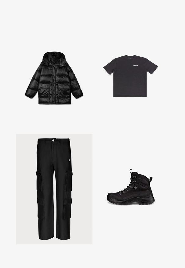 Schwarze Pufferjacke mit hochschließendem Kragen, Reißverschluss und zwei großen Fronttaschen. Glänzender, gestepptes Material mit glatter Textur.; Schwarzes Baumwoll-T-Shirt im Oversized-Stil mit kurzen Ärmeln, rundem Ausschnitt und weißem "DROPSIZE"-Text auf der Vorderseite. Glatte Textur, lässiges Design.; Schwarze Cargo-Hosen mit lockerer Passform, mehreren Seitentaschen, einem Knopfverschluss und einer glatten Stofftextur.; Schwarzer Wanderschuh mit robustem Design, aus Textil- und Gummimaterialien, sechs Ösen und einer strukturierten Sohle für besseren Halt.