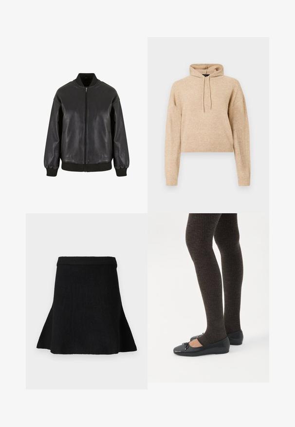 Zwarte leren bomberjack met een frontale rits, ribgebreide manchetten en kraag, met een gladde textuur en een ontspannen pasvorm.; Beige cropped gebreid hoodie met lange mouwen en een capuchon met trekkoord, weergegeven op een witte achtergrond.; Zwarte gebreide rok met een uitlopende rand, voorzien van een ribbelband. De textuur is glad, zonder zichtbare patronen of accenten.; Benen met donkere geribbelde leggings gecombineerd met zwarte ballerina's met kleine strikdetails op een witte achtergrond.
