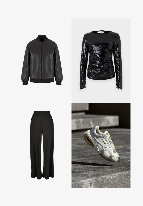 La chaqueta bomber de cuero negro presenta un cierre frontal con cremallera, puños y collar de canalé, con una textura suave y un diseño de corte relajado.; Top negro de manga larga con un diseño de lentejuelas y una textura ligeramente fruncida, cuello redondo. Tejido liso debajo de las lentejuelas.; Pantalones anchos negros con textura de canalé vertical y cinturilla alta elástica. Incluye bolsillos laterales y diseño de tela fluida.; Zapatilla deportiva en crema y plata metálica flotando sobre escalones de concreto con suelas de goma marrón y logotipo de Nike.