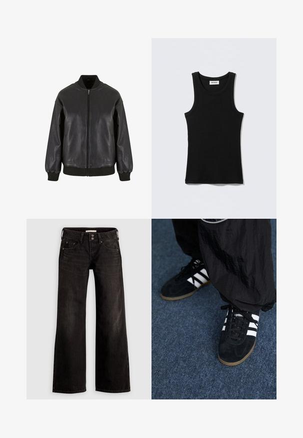 La veste bomber en cuir noir présente une fermeture éclair sur le devant, des poignets et un col côtelés, avec une texture lisse et un design à coupe décontractée.; Débardeur noir en coton, avec un col rond et des bretelles étroites. Design simple, sans motifs ni accents visibles.; Jean noir à jambes larges avec une finition légèrement délavée, comprenant des poches avant, une fermeture éclair et un bouton. Fabriqué en tissu denim.; Des chaussures de sport en suède noir avec trois rayures blanches et des lacets noirs. Un pantalon noir texturé est partiellement visible à côté des chaussures.