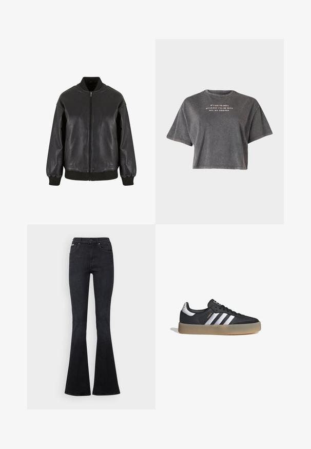 La chaqueta bomber de cuero negro presenta un cierre frontal con cremallera, puños y collar de canalé, con una textura suave y un diseño de corte relajado.; Even&Odd by Zalando Camiseta estampada - black; Pantalones vaqueros negros acampanados de mezclilla, con un diseño clásico de cinco bolsillos, cierre de botón y detalles de costura sutiles.; Zapatilla deportiva de cuero negro con tres rayas plateadas, punta texturizada y suela de goma. Cuenta con un collar acolchado y un diseño con cordones.