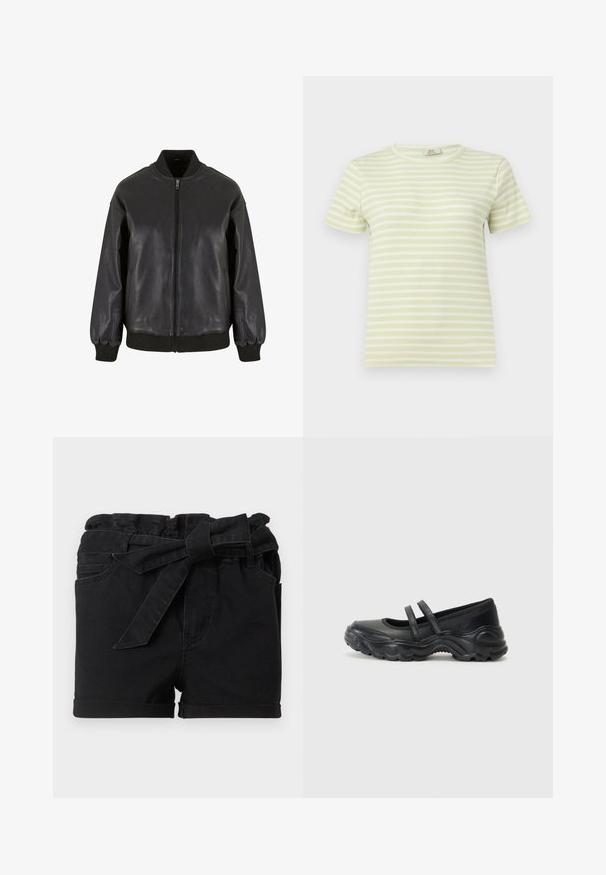 La chaqueta bomber de cuero negro presenta un cierre frontal con cremallera, puños y collar de canalé, con una textura suave y un diseño de corte relajado.; Camiseta de manga corta acanalada con rayas horizontales verde claro y blancas, con cuello redondo, sobre un fondo liso.; Shorts de mezclilla negros con dobladillo enrollado y un cinturón de tela a juego atado en un lazo en la cintura fruncida.; Bailarinas de charol negro con dos correas ajustables, puntera redonda y suela de goma texturizada para mayor agarre.