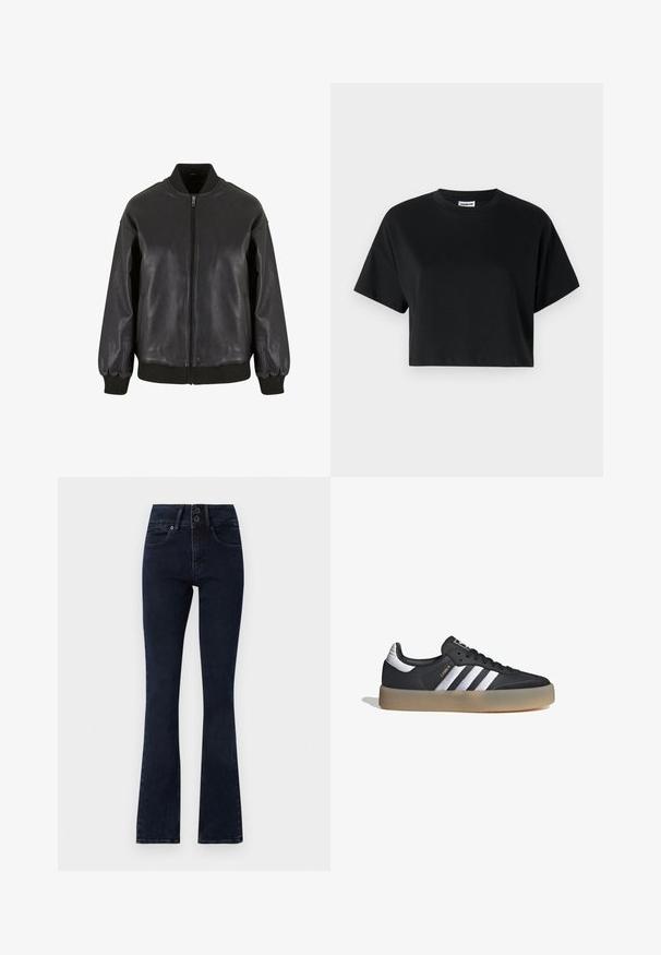 La chaqueta bomber de cuero negro presenta un cierre frontal con cremallera, puños y collar de canalé, con una textura suave y un diseño de corte relajado.; Camiseta corta negra con mangas cortas, cuello redondo, fabricada en suave tela de algodón, con un diseño minimalista y detalles de costura sutiles.; Jeans acampanados de un azul oscuro con cintura alta, cierre de dos botones, cinco bolsillos y una textura de denim suave.; Zapatilla deportiva de cuero negro con tres rayas plateadas, punta texturizada y suela de goma. Cuenta con un collar acolchado y un diseño con cordones.
