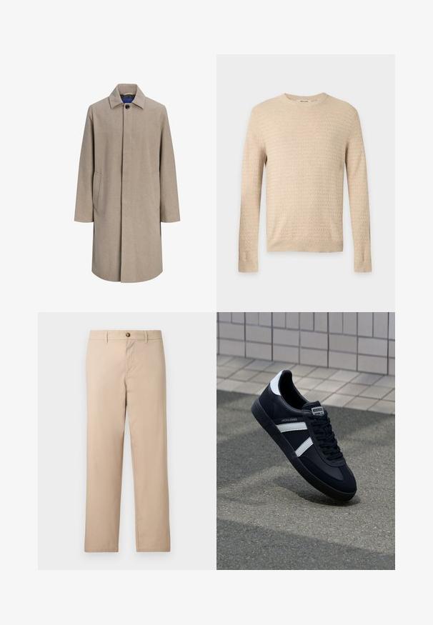 Manteau beige pour homme longueur genoux avec boutons cachés, col à cranté et poches latérales, présenté sur fond blanc.; Pull en maille beige à manches longues texturé avec col rond et bords-côtes aux poignets et à l’ourlet, présenté sur un fond uni gris clair.; Pantalon beige à jambes droites avec passants de ceinture, fermeture à boutons sur le devant et poches latérales.; Sneaker en cuir noir avec des rayures blanches, semelle en caoutchouc texturée et devant à lacets. Présente une étiquette de marque sur la languette.