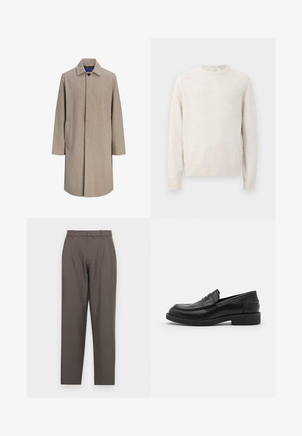 Manteau beige pour homme longueur genoux avec boutons cachés, col à cranté et poches latérales, présenté sur fond blanc.; Pull crème avec un col rond, des poignets et un ourlet côtelés. Texture douce avec un design simple et épuré et des manches raglan.; Jack & Jones Classic Wide Leg Fit - Pantalon classique - pavement; Mocassins en cuir noir avec un bout arrondi, des coutures ton sur ton et un détail de sangle à l'avant. Semelle en caoutchouc avec un petit talon.