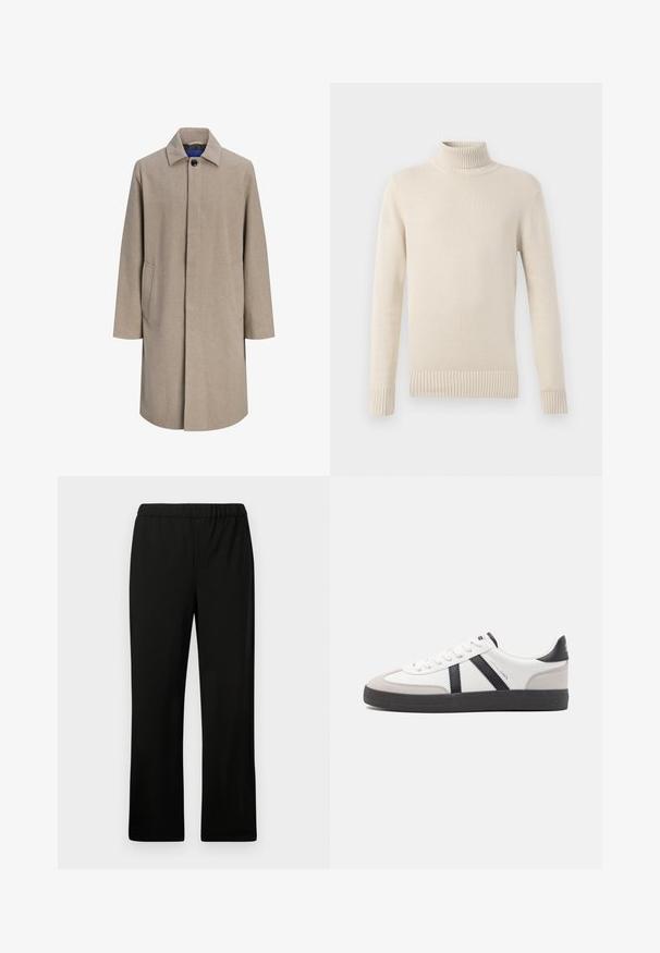 Manteau beige pour homme longueur genoux avec boutons cachés, col à cranté et poches latérales, présenté sur fond blanc.; Pull col roulé tricoté couleur crème avec manches longues et poignets et bas côtelés.; Pantalon noir à taille élastique avec une coupe droite. Réalisé en tissu lisse, sans motifs ni embellissements visibles.; Baskets blanches avec des accents noirs et gris, présentant un embout texturé gris, une semelle en caoutchouc noir et des lacets plats blancs. Design épuré, style minimaliste.