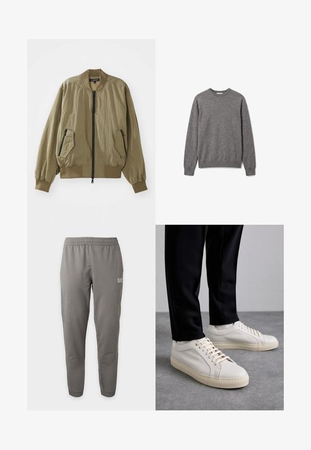 Ελαιοπράσινο bomber jacket φτιαγμένο από ελαφρύ ύφασμα, με φερμουάρ μπροστά, ριμπ μανσέτες και δύο γωνιακές τσέπες με φερμουάρ στο μπροστινό μέρος.; Ανδρικό γκρι πουλόβερ με μακριά μανίκια και στρογγυλή λαιμόκοψη, με ριμπ μανσέτες και τελείωμα, με μικρό διακριτικό λογότυπο στο αριστερό στήθος.; Γκρι στενό παντελόνι φόρμας με ελαστική μέση και λογότυπο EA7 Emporio Armani στο επάνω αριστερό πόδι.; Ανοιχτό χρώμα μπεζ δερμάτινα αθλητικά παπούτσια με επίπεδα κορδόνια, υφή στην επιφάνεια, και αντίθετη λευκή καουτσούκ σόλα, συνδυασμένα με μαύρα στενά παντελόνια.
