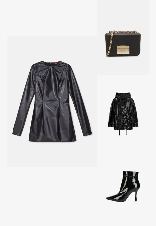 Chaqueta negra, brillante e impermeable con capucha, que cuenta con cordones y dos bolsillos frontales, con un ajuste relajado y una textura suave.; 032c TRAPEZE TOO TIGHT MINI DRESS - Vestido de cóctel - black luster; Botín de charol negro con puntera afilada, acabado brillante, diseño elegante y tacón de aguja estrecho. Detalles decorativos en las correas.; Furla METROPOLIS MINI CROSSBODY - Bandolera - nero