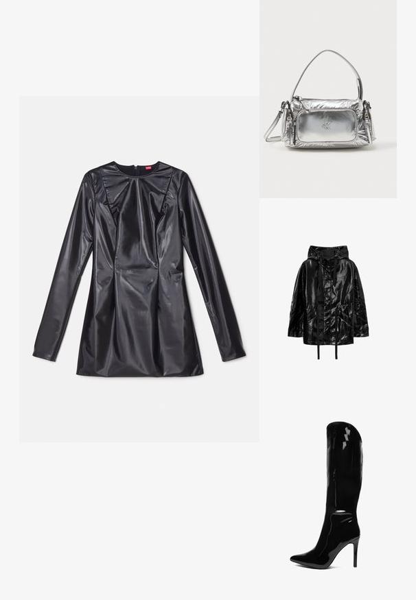 Chaqueta negra, brillante e impermeable con capucha, que cuenta con cordones y dos bolsillos frontales, con un ajuste relajado y una textura suave.; 032c TRAPEZE TOO TIGHT MINI DRESS - Vestido de cóctel - black luster; Bota de tacón stiletto de charol negro hasta la rodilla con puntera afilada. La textura suave y el diseño alto crean una silueta elegante y ajustada.; Bolso de mano metálico plateado con forma rectangular, cierre superior y bolsillo frontal. Presenta un asa corta y correa ajustable. Acabado texturizado.