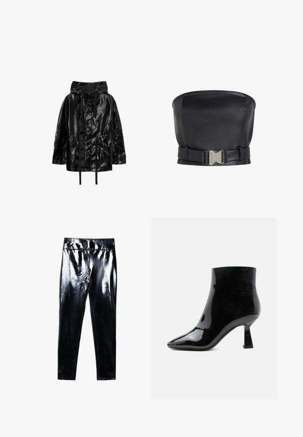 Chaqueta negra, brillante e impermeable con capucha, que cuenta con cordones y dos bolsillos frontales, con un ajuste relajado y una textura suave.; Top sin mangas de cuero negro con un diseño estructurado, presenta un cierre frontal con hebilla y una textura lisa y suave.; Leggings negros de alto brillo con una superficie brillante y suave. Cintura elástica y diseño ajustado con forma de pierna cónica.; Botín negro de charol brillante con punta puntiaguda y tacón medio acampanado sobre fondo blanco.
