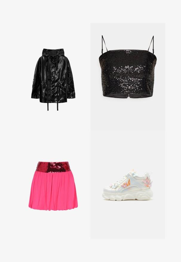 Zwarte, glanzende, waterdichte jas met capuchon, voorzien van trekkoorden en twee voorzakken, met een relaxte pasvorm en een gladde textuur.; Zwarte pailletten crop top met dunne verstelbare bandjes, met een aansluitend ontwerp en een rits aan de achterkant. Glad binnenvoering.; Roze rok met brede rode pailletten tailleband en geplooide stof die een ballonzoom-silhouet creëert tegen een witte achtergrond.; Witte chunky sneaker met dikke zool, versierd met pastelkleurige roze, oranje en blauwe vlinderapplicaties aan de zijkanten en hiel.