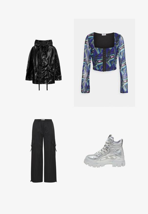 Zwarte, glanzende, waterdichte jas met capuchon, voorzien van trekkoorden en twee voorzakken, met een relaxte pasvorm en een gladde textuur.; Noisy May NMLESLEY CORSET BELL - T-shirt print - deep blue; Zwarte cargobroek van lichtgewicht stof, met een losse pasvorm, elastische tailleband, zijzakken en verstelbare boorden.; Hoge zilveren sneaker met dikke witte profielzool, gevoerde kraag, stoffen trekstroken en witte veters.