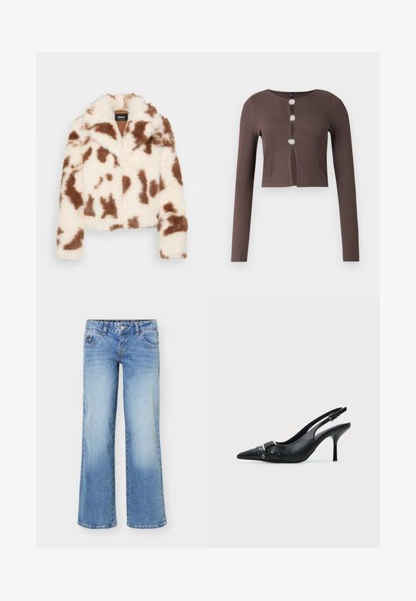 Veste en fausse fourrure avec un motif vache en blanc et brun. Possède un col, un design court et des manches longues. L'intérieur est beige.; Haut court côtelé marron à manches longues, doté d'un col rond et de trois boutons argentés sur le devant, agrémenté de détails découpés.; Jean en denim bleu clair avec une jambe légèrement évasée, style cinq poches, et une fermeture avant à boutons et zip.; Escarpin slingback à talon haut en cuir noir avec bout pointu, boucle et détail de bride œillet à l'avant.