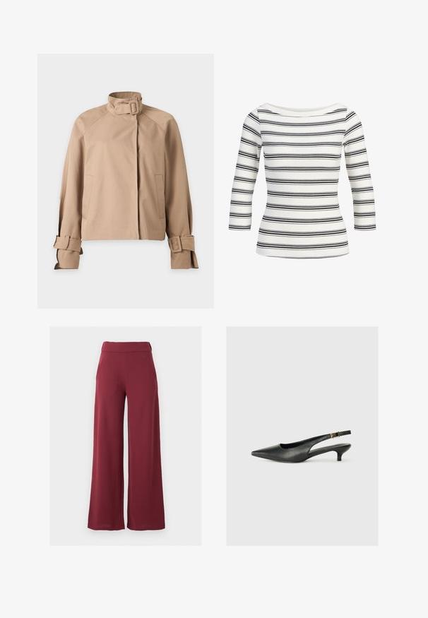 Veste beige avec un col haut et une boucle, manches longues avec des sangles à boucle et deux poches avant, présentée sur fond blanc.; Haut en maille côtelée blanche avec des rayures horizontales noires, manches trois-quarts et encolure bateau.; Pantalon femme taille haute à jambes larges en rouge foncé avec poches latérales, présenté sur un fond gris clair uni.; Chaussure slingback noire à bout pointu en cuir lisse. Présente un talon fin et un détail de boucle sur la sangle réglable.