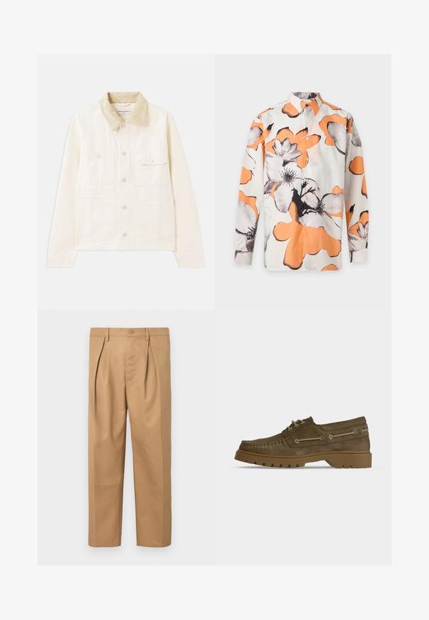 Veste beige clair avec un col en velours côtelé, dotée de deux poches poitrine, d'une fermeture à boutons à l'avant et d'un tissu doux et texturé.; Chemise boutonnée à manches longues avec un grand imprimé floral blanc, gris et orange sur fond blanc.; Pantalons en coton beige avec une coupe décontractée, un design plissé, une taille avec fermeture à bouton, et une coupe droite. Texture lisse sans motifs.; Mocassin en cuir suédé marron à lacets, semelle crantée épaisse en caoutchouc et laçage décoratif en cuir sur les côtés.