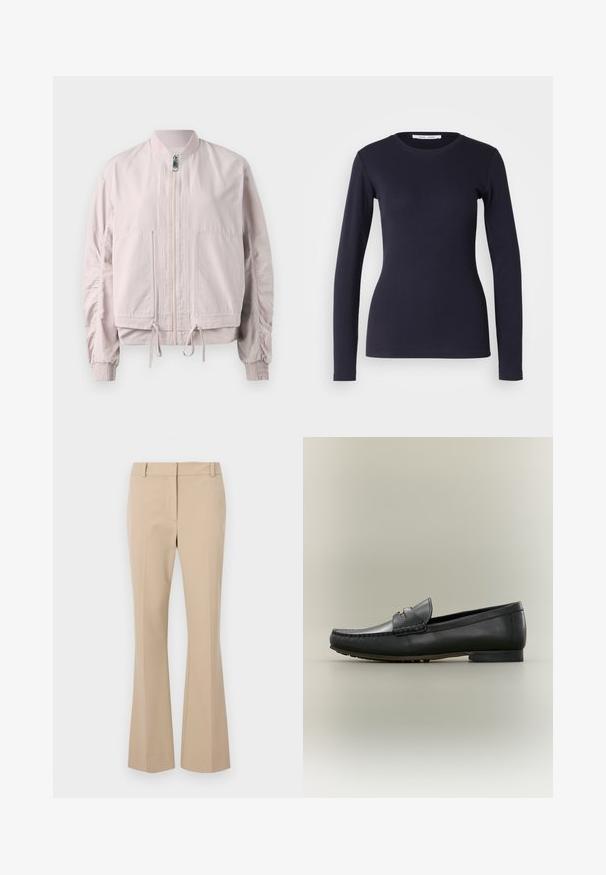 Veste bomber rose clair avec une fermeture éclair sur le devant, des poignets élastiques, deux poches avant et un ourlet à cordon de serrage. Texture lisse avec des détails de manches froncées.; T-shirt à manches longues navy en coton doux. Présente un col rond, une coupe ajustée et une texture côtelée. Design simple et uni.; Pantalons beiges ajustés avec une coupe droite, présentant un devant plat, des passants de ceinture et une texture lisse. Pas de poches ni de motifs visibles.; Mocassin en cuir noir avec couture mocassin, talon bas et détail en métal doré sur la bride, montré de profil sur fond beige.