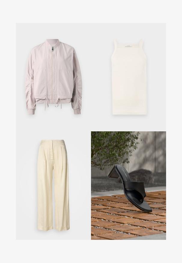 Veste bomber rose clair avec une fermeture éclair sur le devant, des poignets élastiques, deux poches avant et un ourlet à cordon de serrage. Texture lisse avec des détails de manches froncées.; Débardeur crème à côtes, avec des bretelles fines, une coupe ajustée et un ourlet droit. L'étiquette indique "IVY OAK". Le tissu semble doux et extensible.; Pantalon en soie crème taille haute avec plis, jambes larges et fermeture éclair avant dissimulée sur un fond blanc uni.; Sandale à talon noire Calvin Klein avec boucle pour l’orteil, posée sur un sol en carreaux de bois en extérieur, près d’un arbre et d’un mur en pierre.