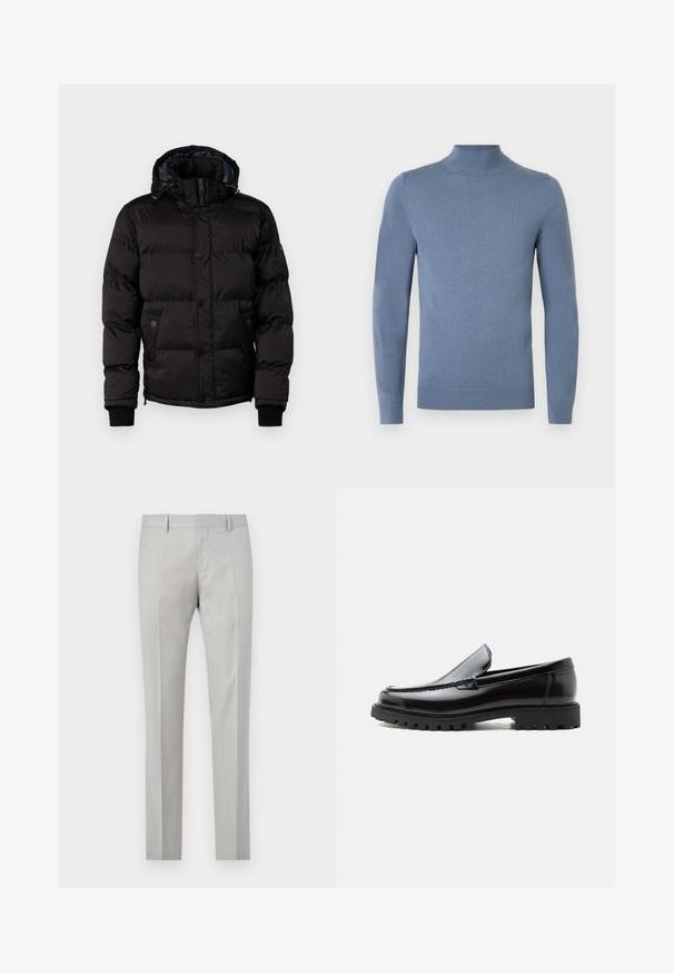 Guess Talvitakki - jet black; Vaaleansininen pooloneule, joka on neulottua kangasta, ja siinä on pitkät hihat, resorikaulus ja helma. Yksinkertainen malli ilman näkyviä kuvioita.; Harmaat räätälöidyt housut, joissa on sileä pinta, tasainen etuosa ja kaksi sivutaskua. Ominaisuuksina suorat lahkeet ja hillityt viikekohdat.; Mustat nahkaiset loafersit, joissa paksu kumipohja, ommeltu yläosa ja kohokuvioitu tuotemerkin nimi kannassa, esitetty sivuprofiilissa valkoisella taustalla.