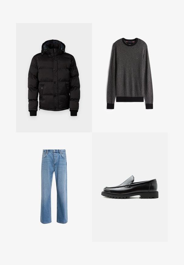 Guess Winterjacke - jet black; Graues Strickoberteil mit Fischgrätmuster, schwarzer gerippter Hals- und Armabschlüsse, mit einem kleinen farbigen Logo auf der Brust.; Helle blaue Jeans im Geradeschnitt-Design, mit fünf Taschen, Knopfverschluss, minimaler Ausbleichung und kontrastierenden Nähdetails.; Schwarzer Lederloafer mit grober Gummisohle, genähter Oberseite und geprägtem Markennamen an der Ferse, seitlich auf weißem Hintergrund gezeigt.