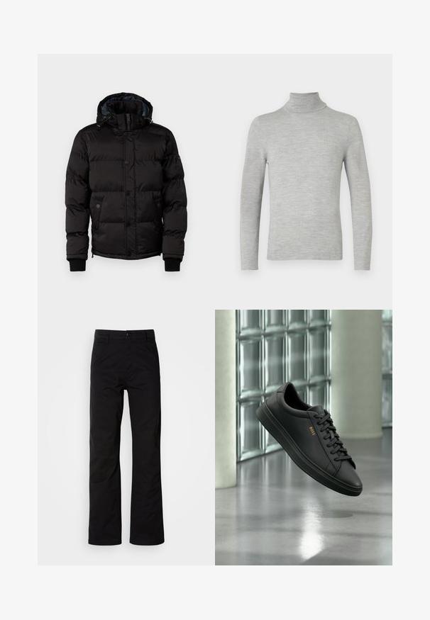 Guess Winterjacke - jet black; Hellgrauer Langarmrollkragenpullover mit feiner Strickstruktur, präsentiert vor einem schlichten weißen Hintergrund.; Schwarze Baumwollhosen mit geradem Bein, ausgestattet mit einem Knopfverschluss und Gürtelschlaufen. Glatte Textur und minimalistischer Stil ohne sichtbare Muster.; Schwarzer flacher Ledersneaker mit schwarzen Schnürsenkeln und goldenem BOSS-Logo an der Seite, schwebend über einem glänzenden grauen Boden in einem modernen Innenraum.