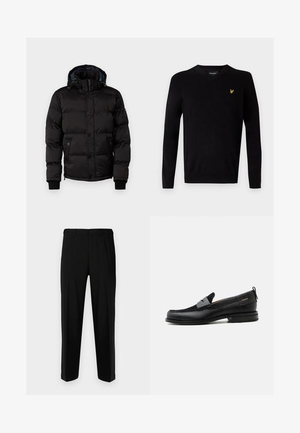 Guess Winterjacke - jet black; Schwarzer V-Ausschnitt-Pullover aus weichem Strickmaterial, mit langen Ärmeln und einem gelben gestickten Logo auf der linken Brust. Schlichtes Design.; Schwarze Hosen aus glattem Stoff, mit geradem Schnitt, zwei vorderen Taschen und einem Reißverschluss mit Knopfverschluss.; Schwarzer Lederloafer mit grauem Riemendetail, niedrigem Absatz und strukturierter Sohle, seitlich mit „HUGO“ in Gold gebrandmarkt.