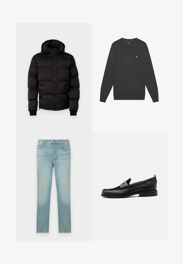 Guess Winterjacke - jet black; Dunkelgrauer Rundhalsausschnitt-Pullover aus weichem Stoff. Mit einem kleinen gelben, gestickten Logo auf der Brust. Lange Ärmel mit gerippten Bündchen.; Hellblaue Denim-Jeans mit geradem Bein, mit einem verblassten Washed-Effekt, fünf Taschen und einer knopfseitigen Verschließung.; Schwarzer Lederloafer mit grauem Riemendetail, niedrigem Absatz und strukturierter Sohle, seitlich mit „HUGO“ in Gold gebrandmarkt.