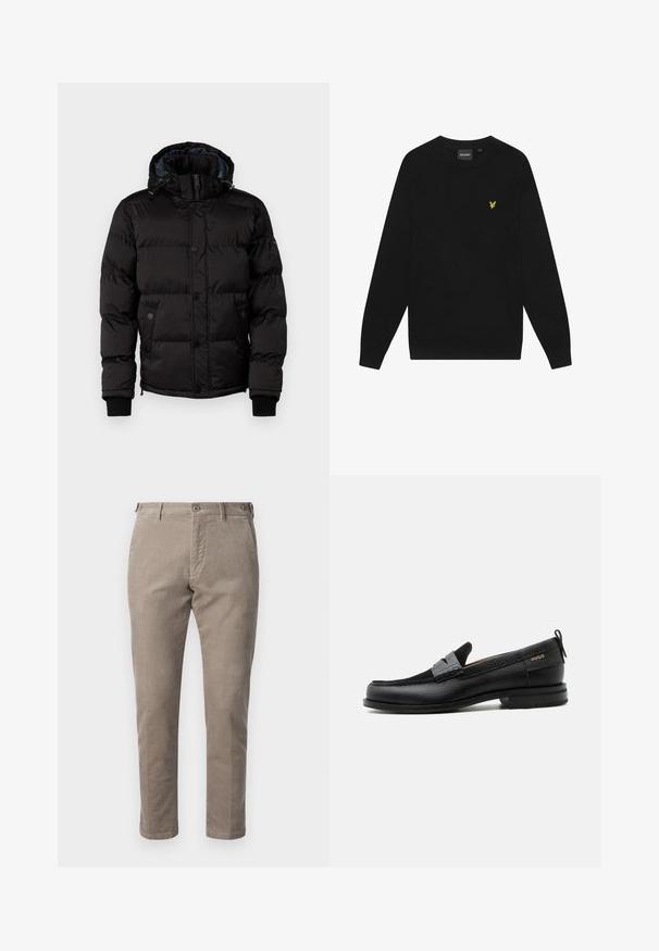 Guess Winterjacke - jet black; Schwarzes Baumwoll-Sweatshirt mit langen Ärmeln und Rundhalsausschnitt. Mit einem kleinen gelben Adler-Logo auf der Brust. Weiche Textur.; DRYKORN FAGO - Chino - brown; Schwarzer Lederloafer mit grauem Riemendetail, niedrigem Absatz und strukturierter Sohle, seitlich mit „HUGO“ in Gold gebrandmarkt.