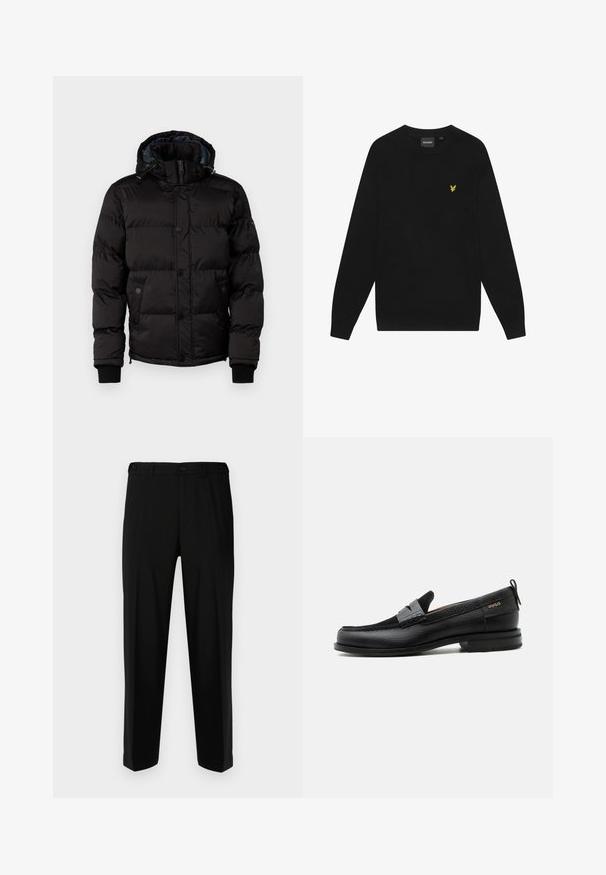 Guess Winterjacke - jet black; Schwarzes Baumwoll-Sweatshirt mit langen Ärmeln und Rundhalsausschnitt. Mit einem kleinen gelben Adler-Logo auf der Brust. Weiche Textur.; Schwarze Hosen aus glattem Stoff, mit geradem Schnitt, zwei vorderen Taschen und einem Reißverschluss mit Knopfverschluss.; Schwarzer Lederloafer mit grauem Riemendetail, niedrigem Absatz und strukturierter Sohle, seitlich mit „HUGO“ in Gold gebrandmarkt.