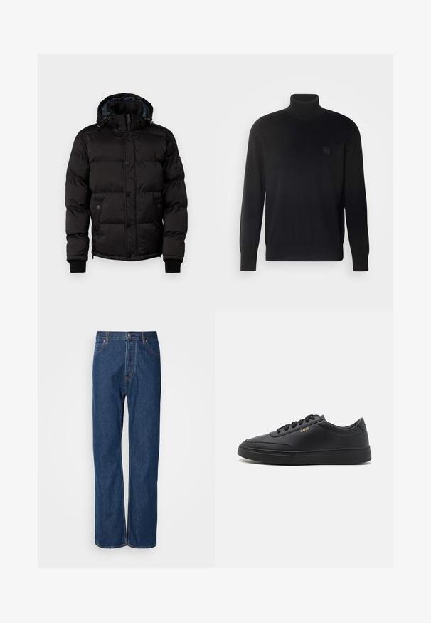 Guess Winterjas - jet black; Zwarte coltrui met lange mouwen, geribbelde kraag en manchetten, gemaakt van een gladde stof. Bevat een klein logo-embleem op de borst.; Blauwe denim jeans met een recht gesneden ontwerp, voorzien van een knoopsluiting, vijf zakken en contrasterende stiksels langs de naden.; Zwarte leren sneakers met een gladde textuur, ronde neus, platte rubberen zool en tonale veters. Kenmerkt zich door de gouden "BOSS" branding aan de zijkant.