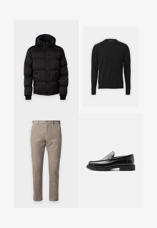 Guess Winterjas - jet black; Belstaff KERRIGAN CREW NECK JUMPER - Trui - black; DRYKORN FAGO - Chino - brown; Zwarte leren loafer met dikke rubberen zool, gestikte bovenkant en gegraveerde merknaam op de hiel, zijaanzicht op witte achtergrond.