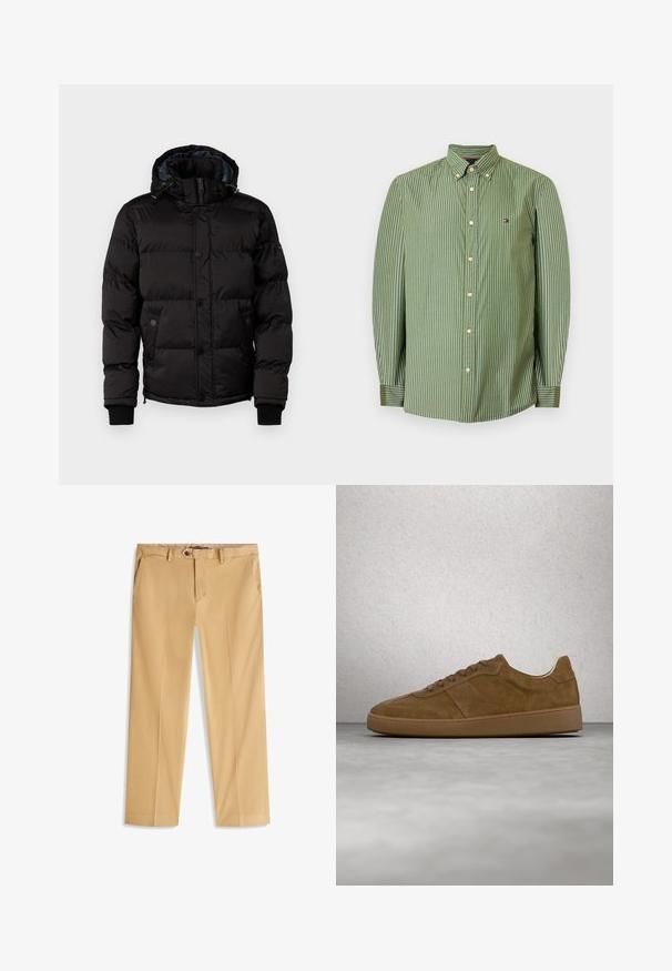 Guess Talvejope - jet black; Roheline ja valge triibuline nööbiga särk, millel on krae, pikad varrukad ja väike broderi logo vasakul rinnal.; Khaki sirgete jalgadega püksid esitaskute, vööaasade, kinnituse nupu ja tõmblukuga, laialt valgel taustal laotult.; Pruun seemisnahast spordijalats, millel on helepruunid paelad ja kummist talla. Omaduseks ümar ninaosa ning ülaosas õmmeldud detailid. Kerge disain.